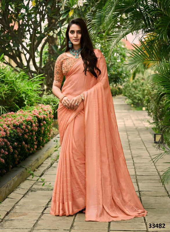 Subhash Athena Fancy-2 Sb-33482 Peach Moss Chiffon Saree