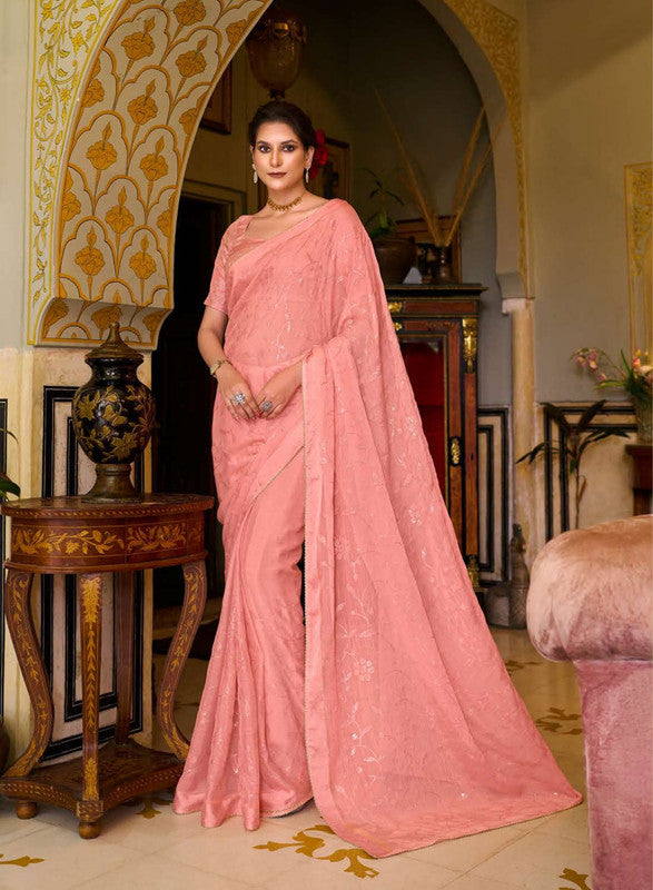 Subhash Athena Fancy-3 Sb-36732 Peach Moss Chiffon Saree