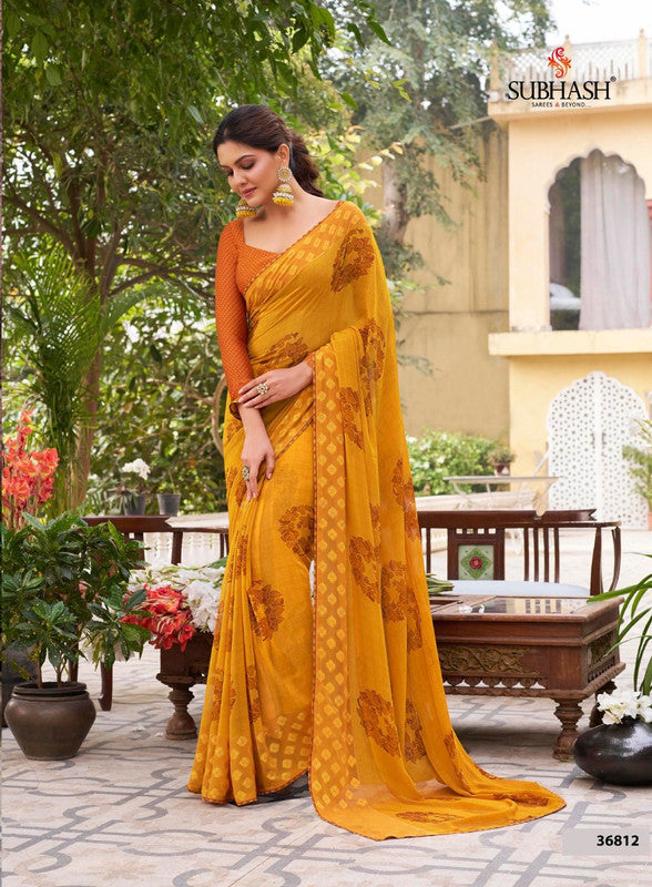 Yellow Casual Wear Floral Printed Chiffon Saree With Fancy Blouse