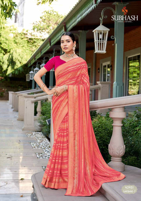 Subhash Sarbani-7 42951 Peach Moss Chiffon Saree