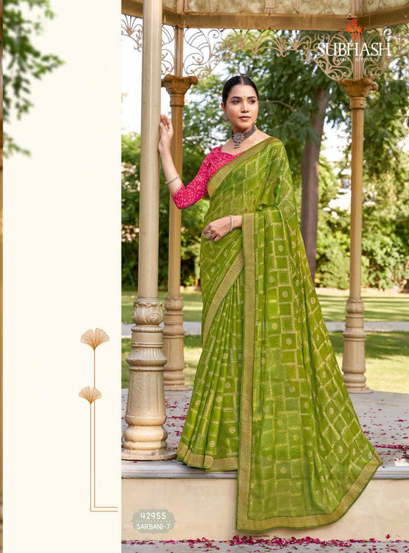 Subhash Sarbani-7 42955 Green Moss Chiffon Saree