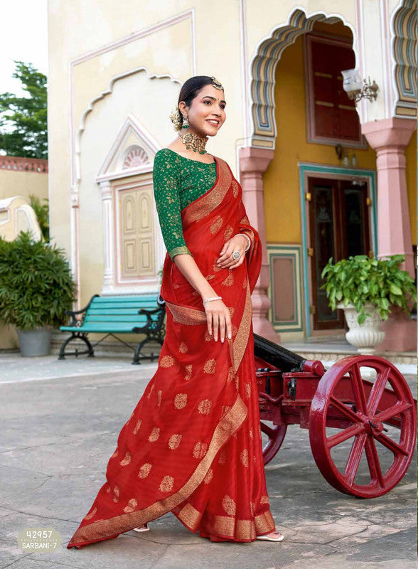 Subhash Sarbani-7 42957 Red Moss Chiffon Saree