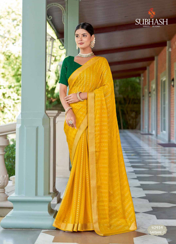 Subhash Sarbani-7 42959 Yellow Moss Chiffon Saree