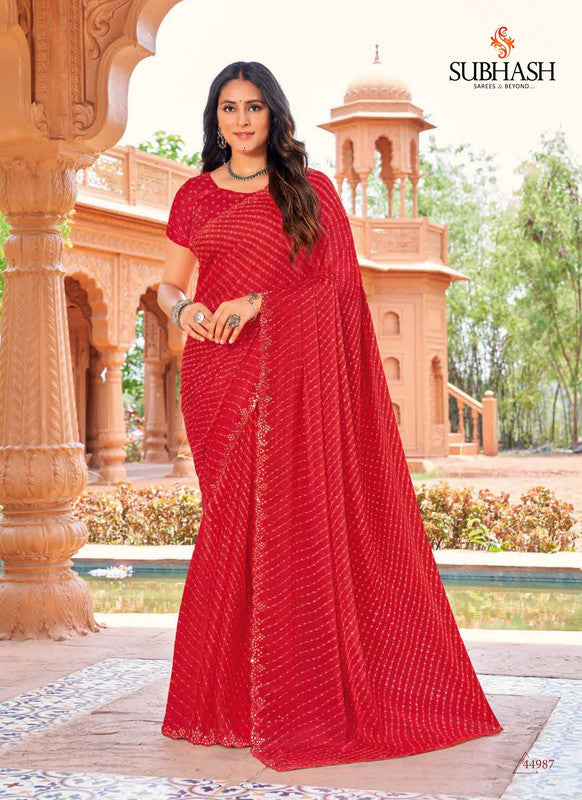 Subhash Gulaabi 44987 - Red Moss Chiffon Drape By Sanskar Sarees