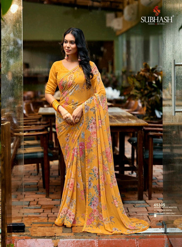 Subhash Kalyani-3 45335 - Mustered Yellow Georgette Drape By Sanskar Sarees