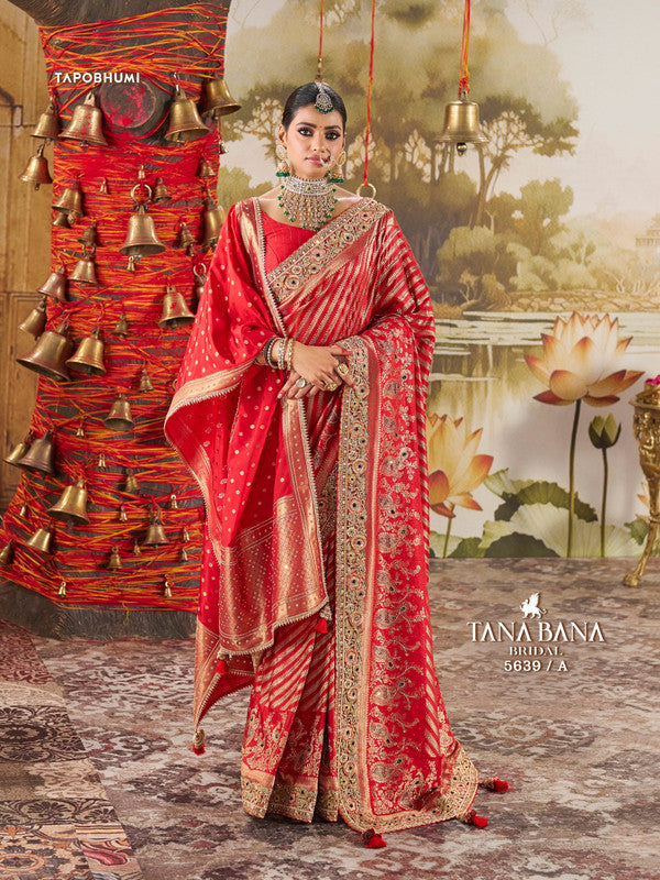 Tana Bana Premium 5639-A - Red Banarasi Silk Drape By Sanskar Sarees With Dupatta