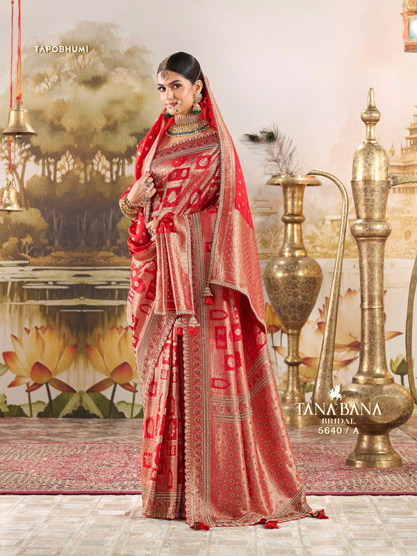 Tana Bana Premium 5640-A - Red Banarasi Silk Drape By Sanskar Sarees With Dupatta