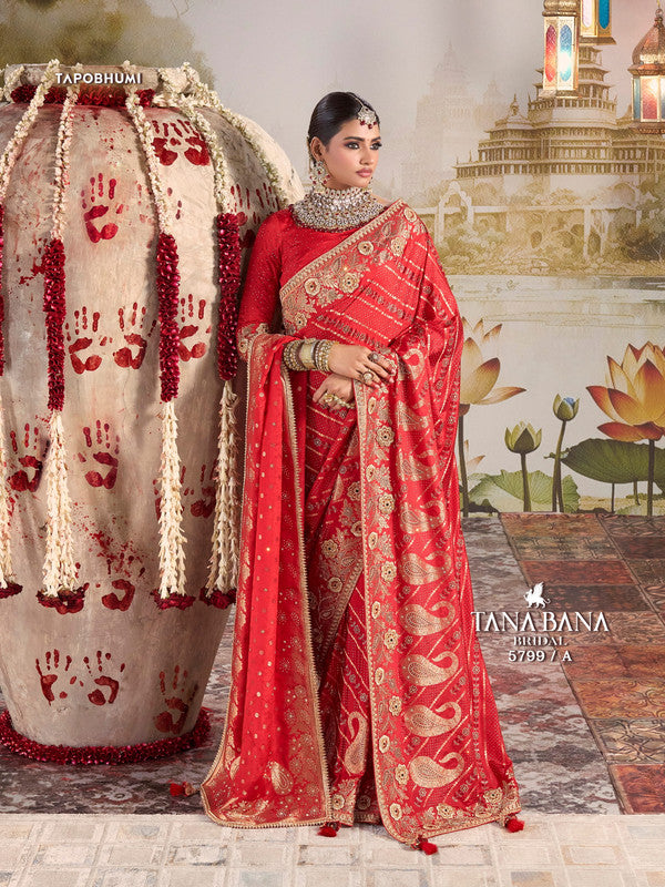Tana Bana Premium 5799-A - Red Banarasi Silk Drape By Sanskar Sarees With Dupatta