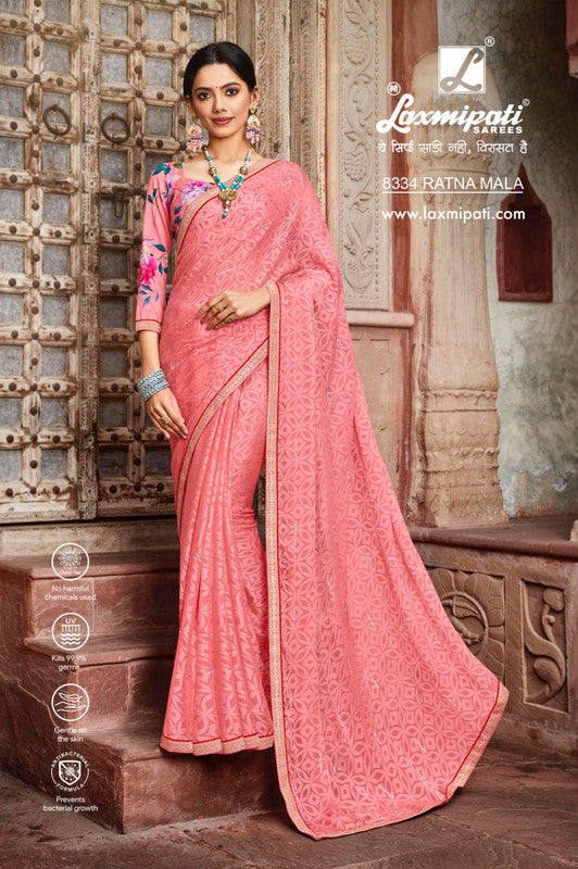 Buy Stunning Peach Georgette Chiffon Sari Online |Silver Zari Border – Pure  Elegance