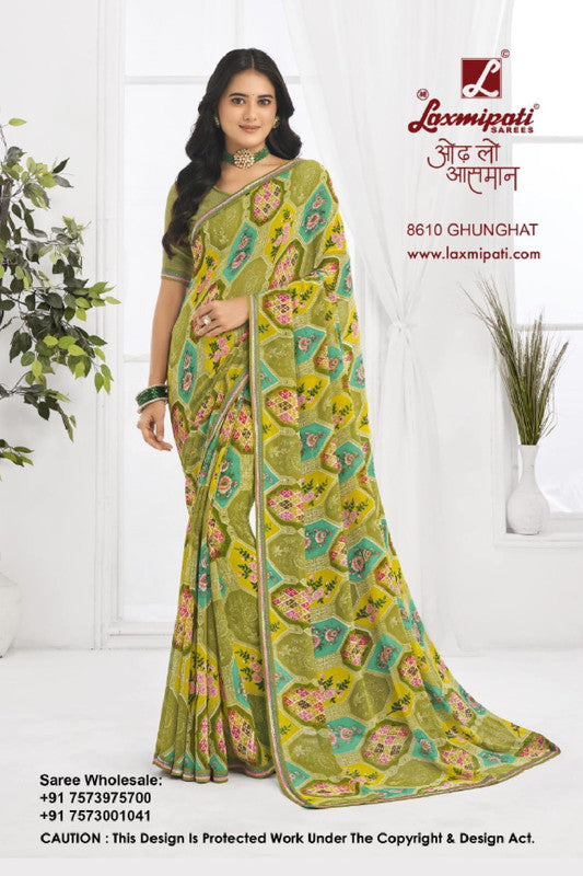 Laxmipati Jaayphal 8610 - Parrot Green Georgette Drape By Sanskar Sarees