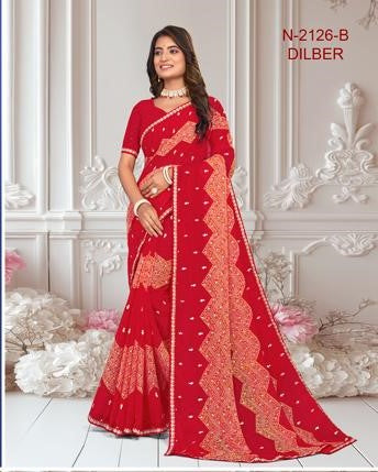 Laxmipati Dilber N-2126-B - Red Chiffon Drape By Sanskar Sarees