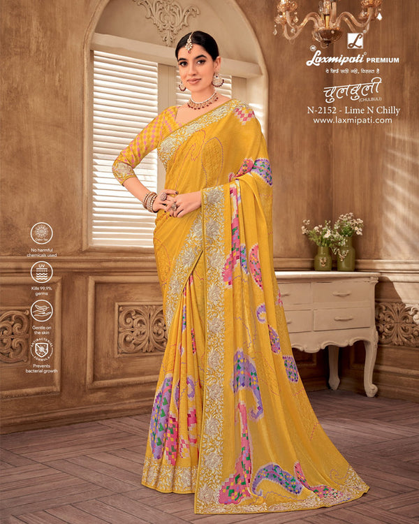 Laxmipati Chulbuli N-2152 Yellow Silk Chiffon Saree