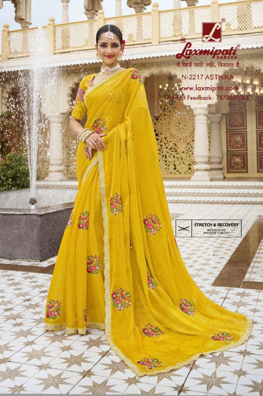 Laxmipati Malmal N-2217 Yellow Silk Chiffon  Saree