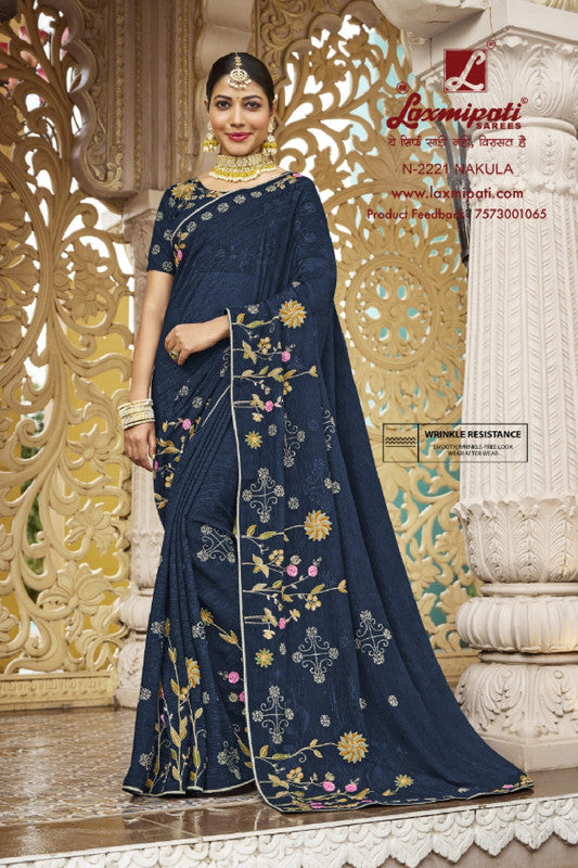 Laxmipati Malmal N-2221 Blue Sparkle Chiffon Saree