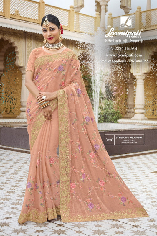 Laxmipati Malmal N-2224 Peach Jimmy Organza Saree