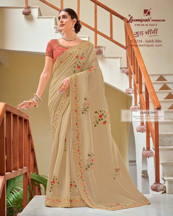 Laxmipati Gud Chini N-2234 Cream Heavy Chiffon Saree