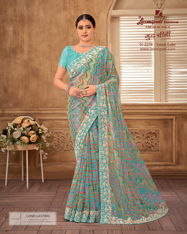 Laxmipati Gud Chini N-2238 Blue Sparkle Chiffon Saree