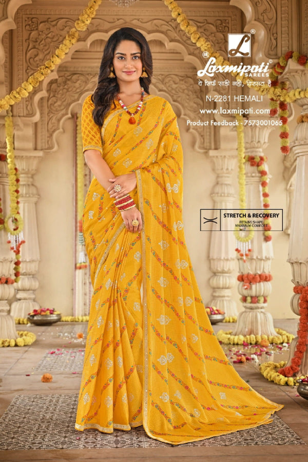 Laxmipati Dhan Laxmi N-2281 Yellow Silk Chiffon Saree