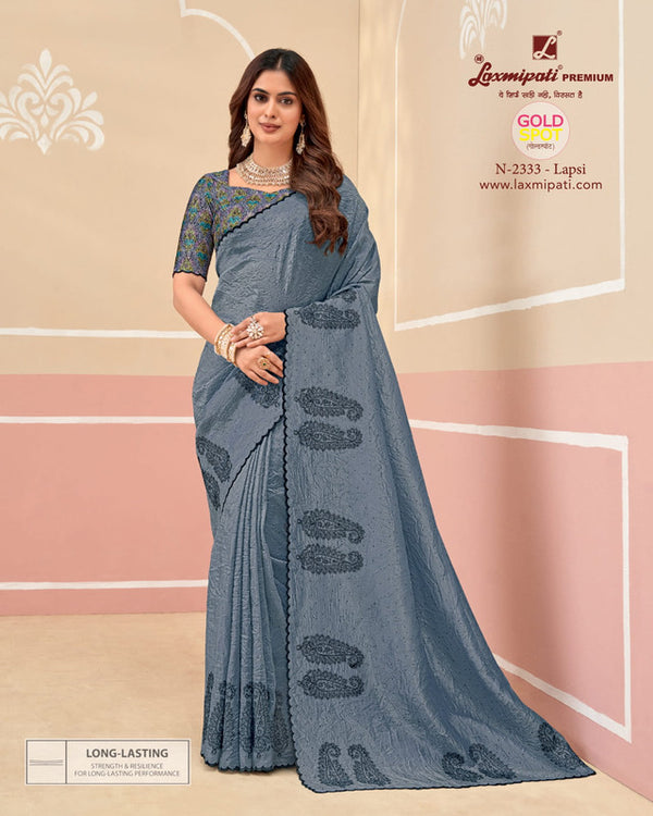 Laxmipati Gold Spot N-2333 Grey Soft Crush Organza Saree