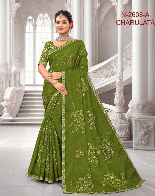 Laxmipati Charulatha N-2608-A - Mehendi Chiffon Butti Drape By Sanskar Sarees