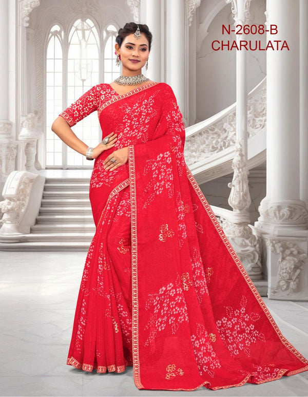Laxmipati Charulatha N-2608-B - Red Chiffon Butti Drape By Sanskar Sarees