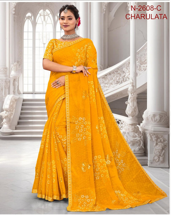 Laxmipati Charulatha N-2608-C - Mustered Chiffon Butti Drape By Sanskar Sarees