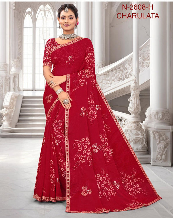 Laxmipati Charulatha N-2608-H - Red Chiffon Butti Drape By Sanskar Sarees