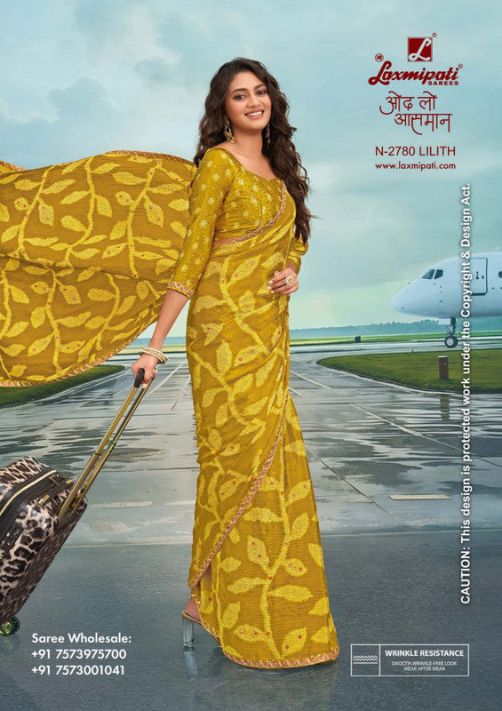 Laxmipati Radhika N-2780 - Mustered Yellow Silk Chiffon Drape By Sanskar Sarees