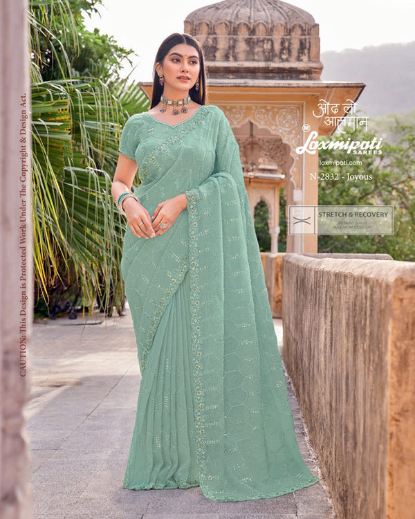 Laxmipati Udan Pari N-2832 - Pool Blue Crush Chiffon Drape By Sanskar Sarees