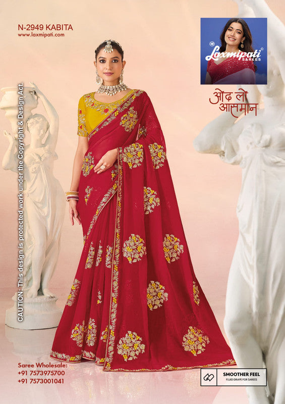 Laxmipati Kesar Bhog N-2949 - Red Organza Drape By Sanskar Sarees