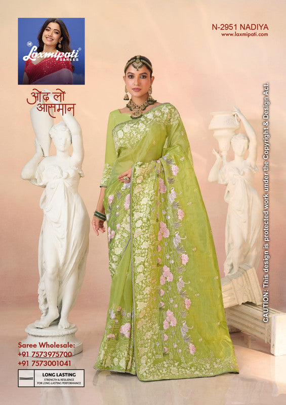 Laxmipati Kesar Bhog N-2951 - Parrot Green Organza Drape By Sanskar Sarees