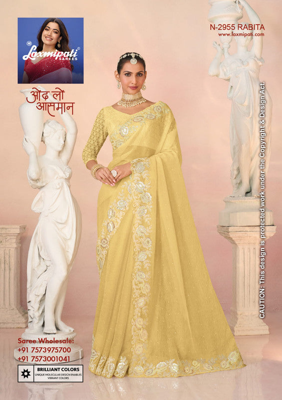 Laxmipati Kesar Bhog N-2955 - Lemon Yellow Silk Chiffon Drape By Sanskar Sarees