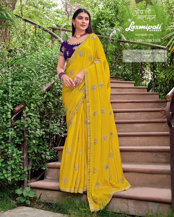 Laxmipati Uphaar N-2989 - Lemon Yellow Silk Chiffon Drape By Sanskar Sarees