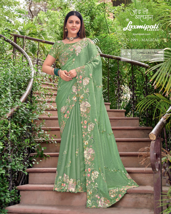 Laxmipati Uphaar N-2991 - Mehendi Sparkle Chiffon Drape By Sanskar Sarees
