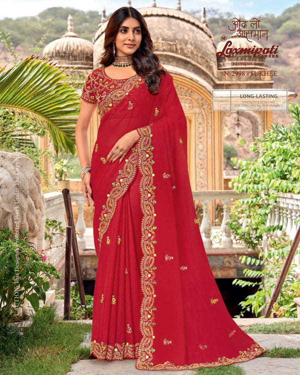 Laxmipati Uphaar N-2998 - Red Chiffon Drape By Sanskar Sarees