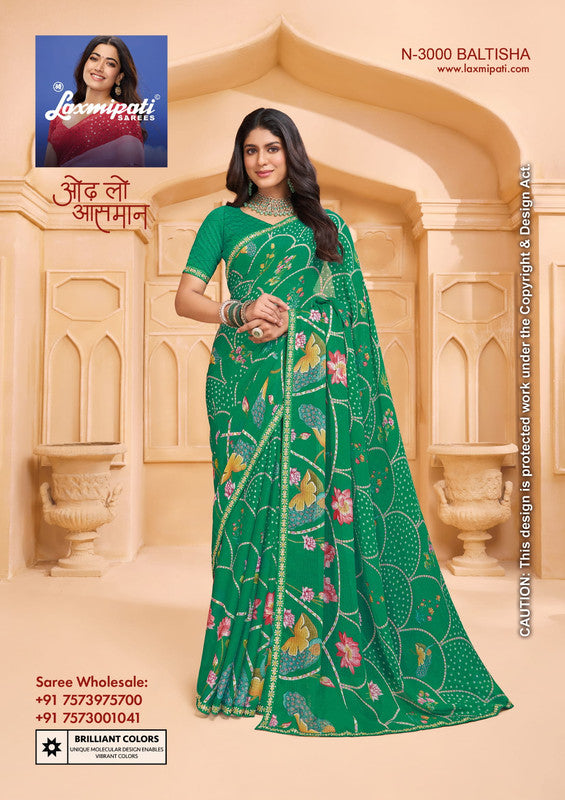 Laxmipati Tohfa N-3000 - Green Sparkle Chiffon Drape By Sanskar Sarees