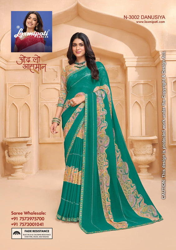Laxmipati Tohfa N-3002 - Peacock Blue Chiffon Drape By Sanskar Sarees
