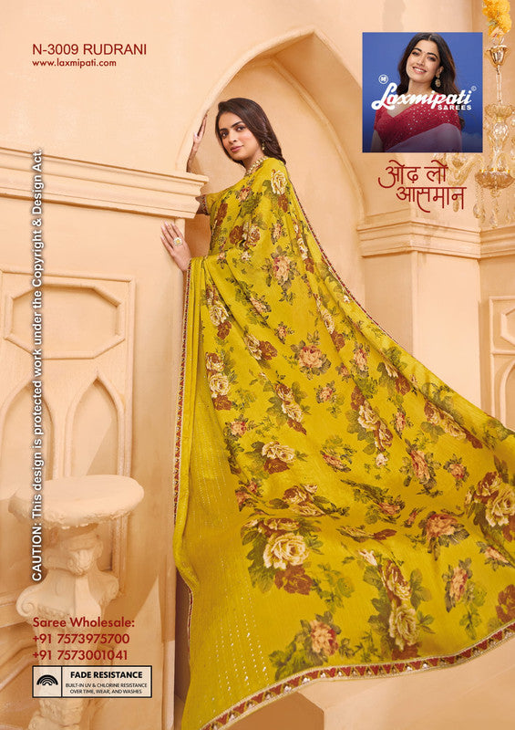 Laxmipati Tohfa N-3009 - Mustered Yellow Moss Chiffon Drape By Sanskar Sarees