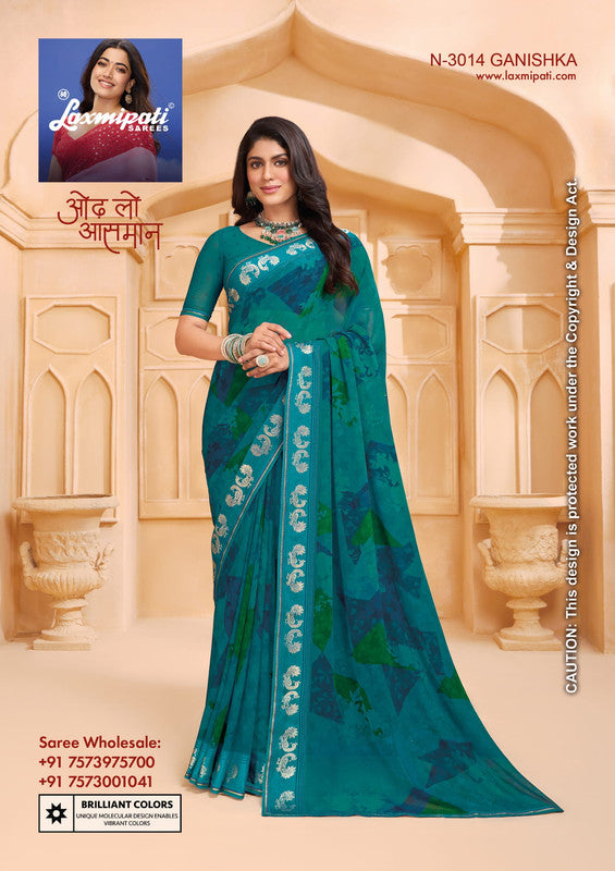 Laxmipati Tohfa N-3014 - Peacock Green Georgette Satin Drape By Sanskar Sarees