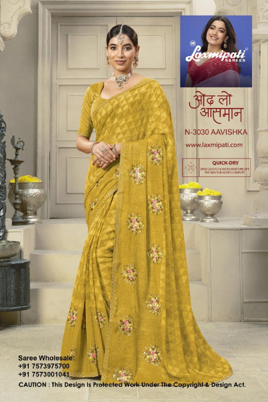 Laxmipati Krack Jack N-3030 - Mustered Yellow Marble Chiffon Drape By Sanskar Sarees