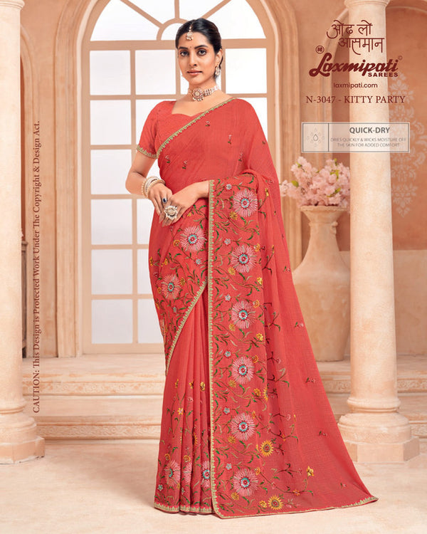 Laxmipati Hira Moti N-3047 - Peach Chiffon Drape By Sanskar Sarees