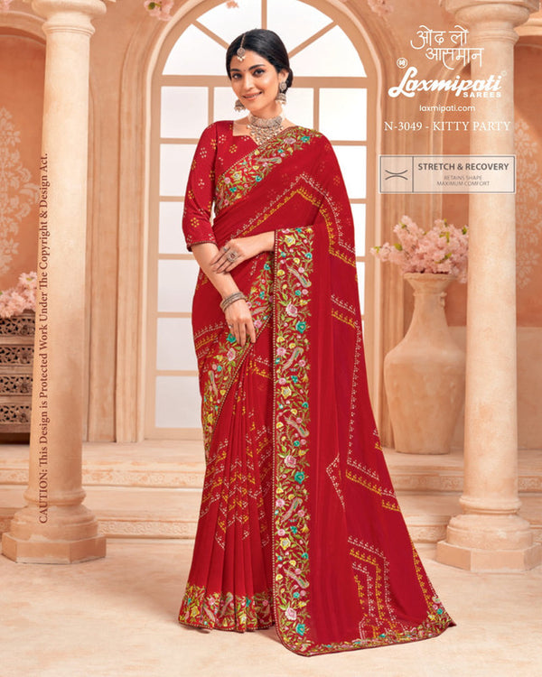 Laxmipati Hira Moti N-3049 - Red Chiffon Drape By Sanskar Sarees