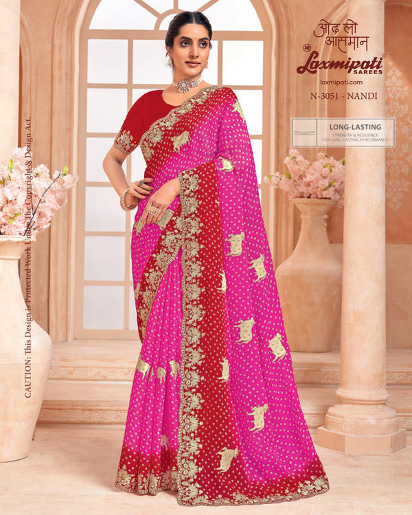 Laxmipati Hira Moti N-3051 - Red/Rani Moss Chiffon Drape By Sanskar Sarees