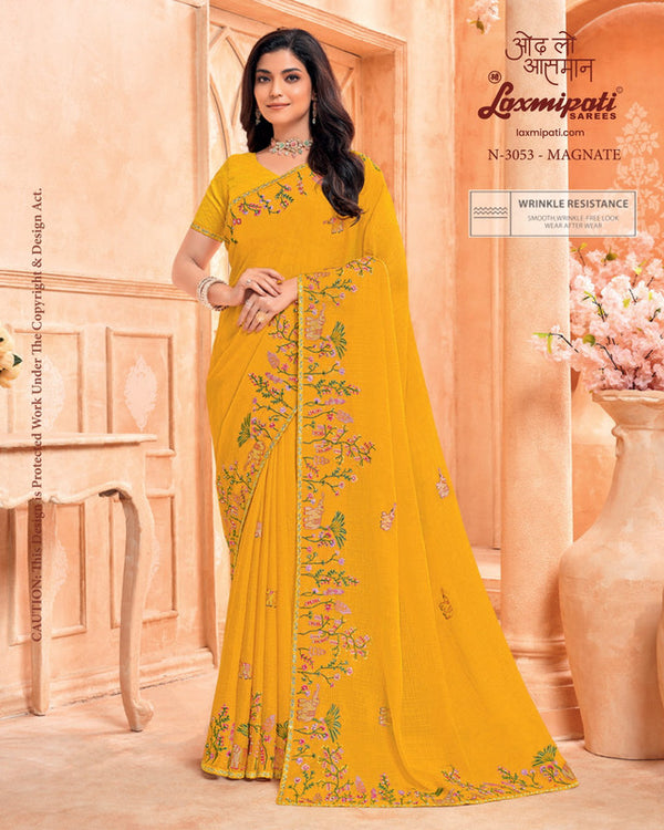 Laxmipati Hira Moti N-3053 - Yellow Chiffon Drape By Sanskar Sarees