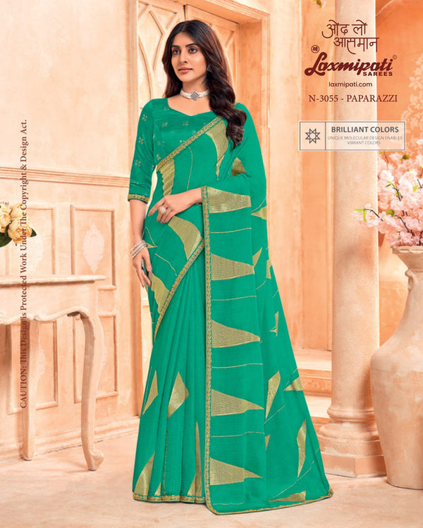 Laxmipati Hira Moti N-3055 - Pista Green Chiffon Drape By Sanskar Sarees
