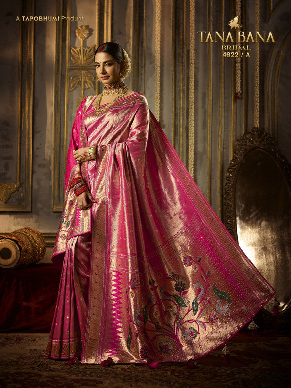 Tana Bana Premium 4622-B - Red Banarsi Silk Drape By Sanskar Sarees With Dupatta