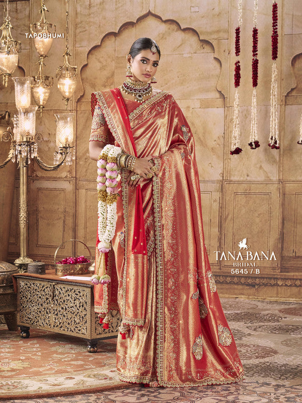 Tana Bana Premium 5645-B - Red Banarsi Silk Drape By Sanskar Sarees With Dupatta