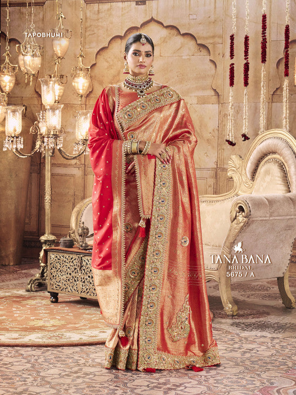 Tana Bana Premium 5675-A - Red Banarsi Silk Drape By Sanskar Sarees With Dupatta