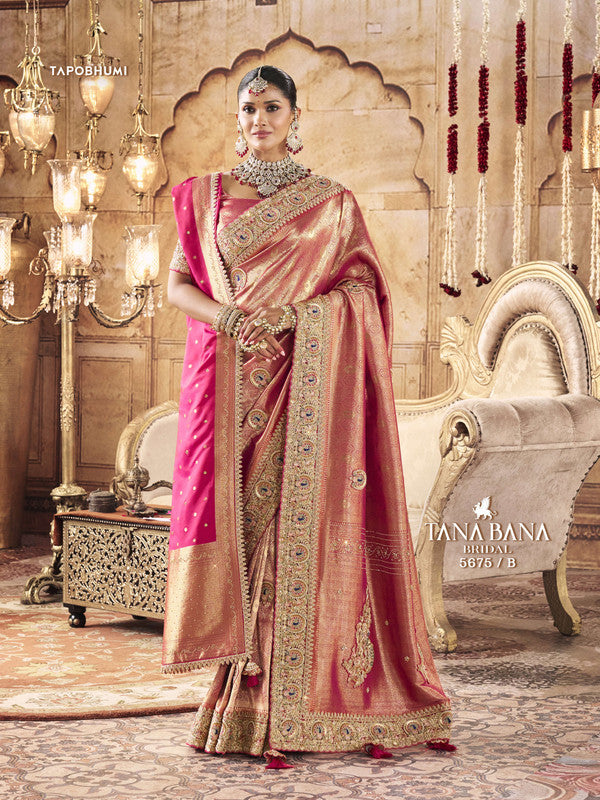 Tana Bana Premium 5675-B - Rani Banarsi Silk Drape By Sanskar Sarees With Dupatta