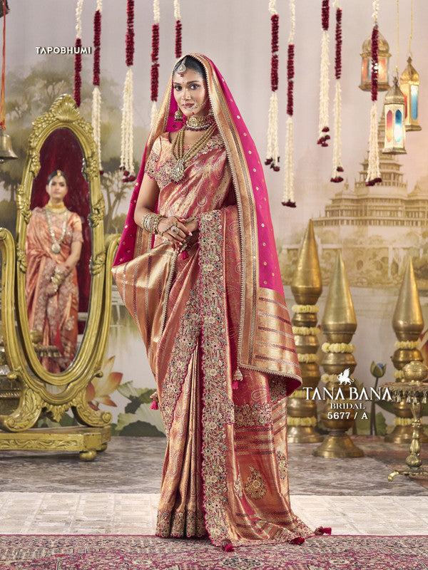 Tana Bana Premium 5677-A - Red Banarsi Silk Drape By Sanskar Sarees With Dupatta